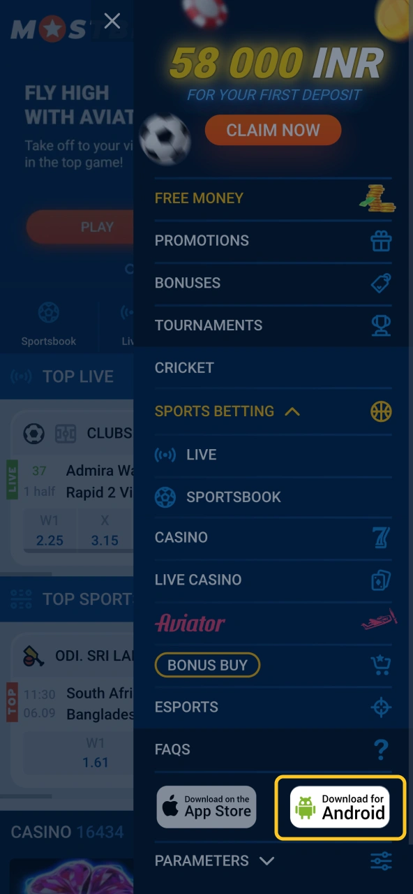 Find Android option in Mostbet.