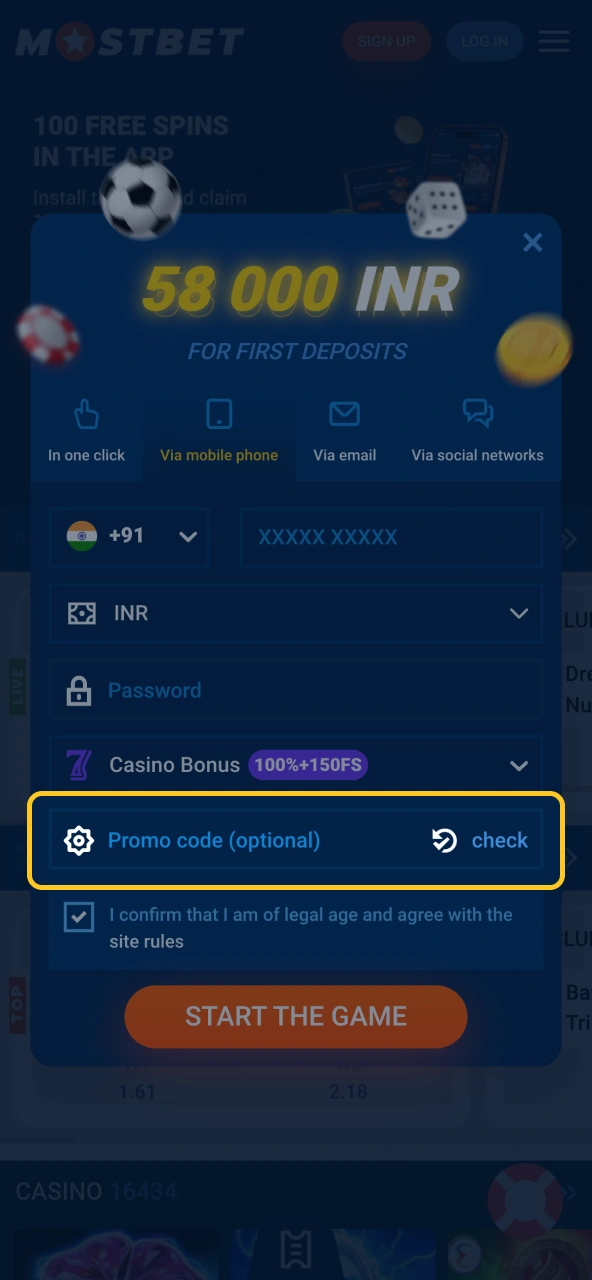 Add Mostbet code or skip section.