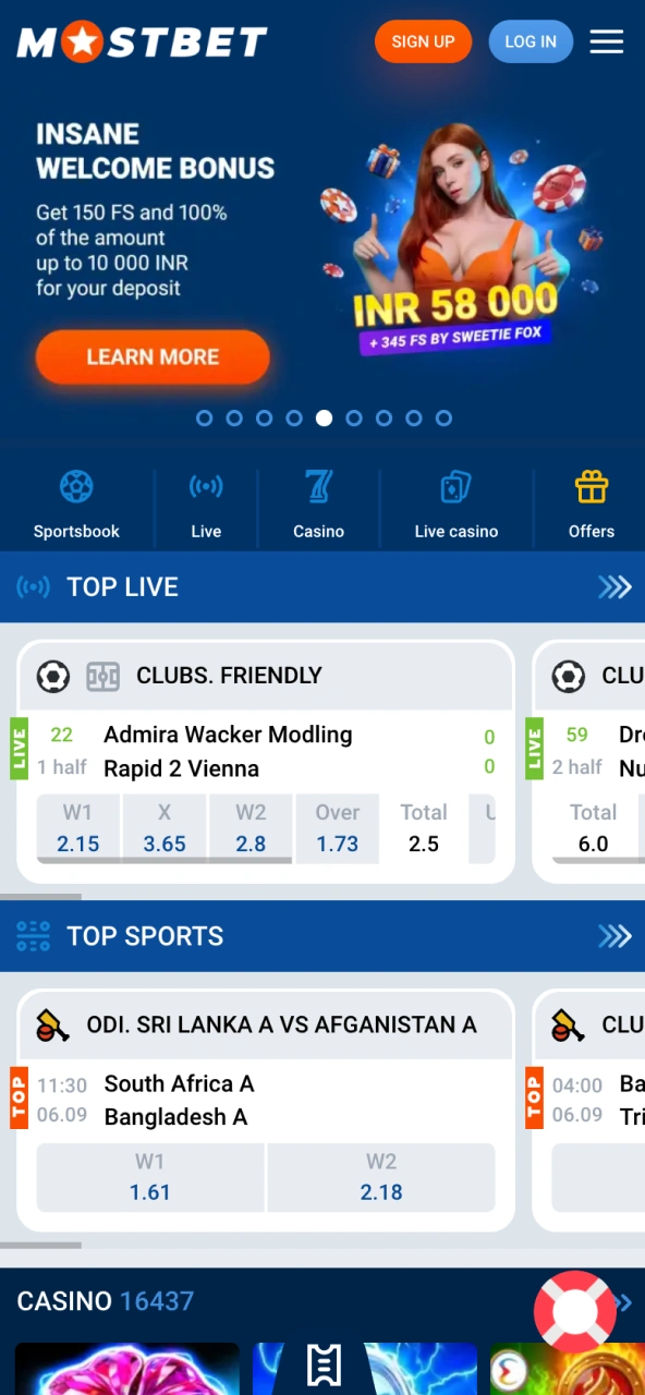 Main interface of Mostbet app with colorful icons and navigation bar.