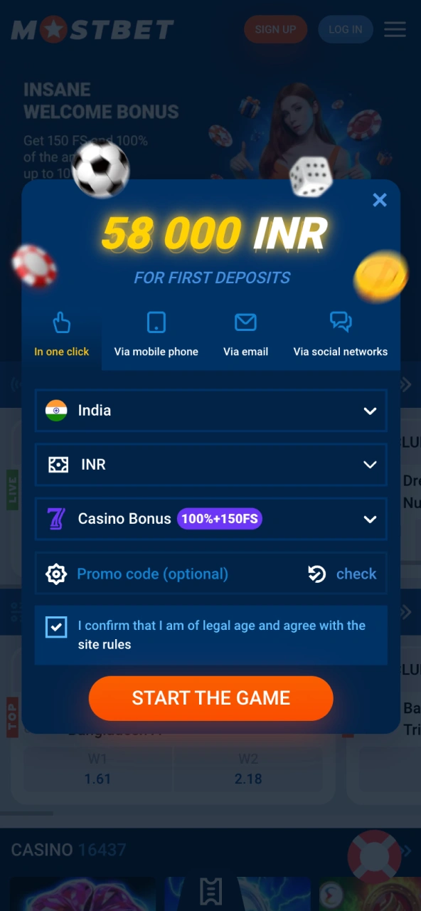 Mostbet registration interface with email, phone, and social login choices.