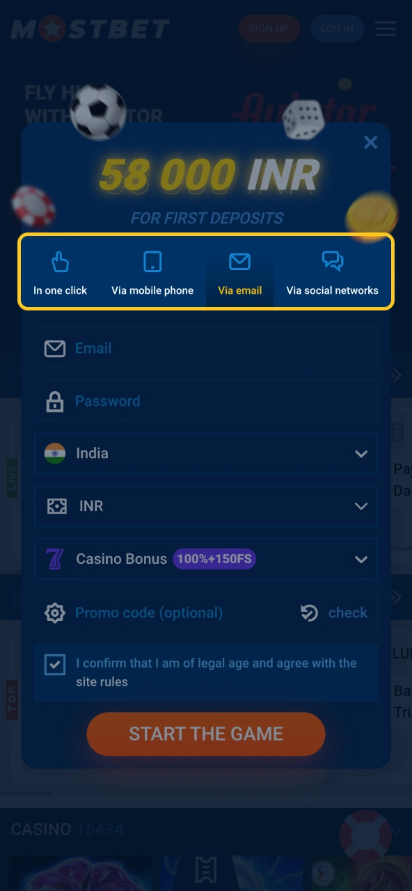 Choose an Account Creation Method to start your Mostbet Registration journey.